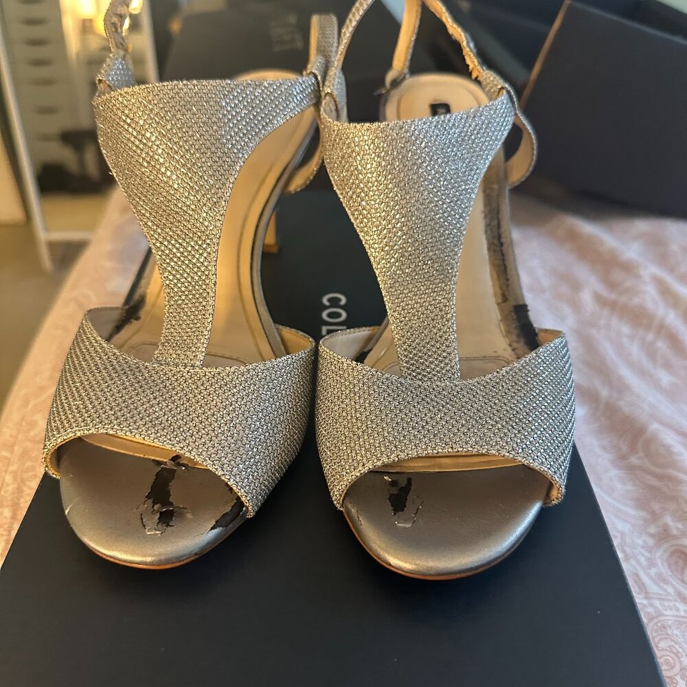 WOMEN'S ALEX MARIE SIZE 10 SILVER SPARKLY PEEP TOE HEELS PUMPS SHOES
